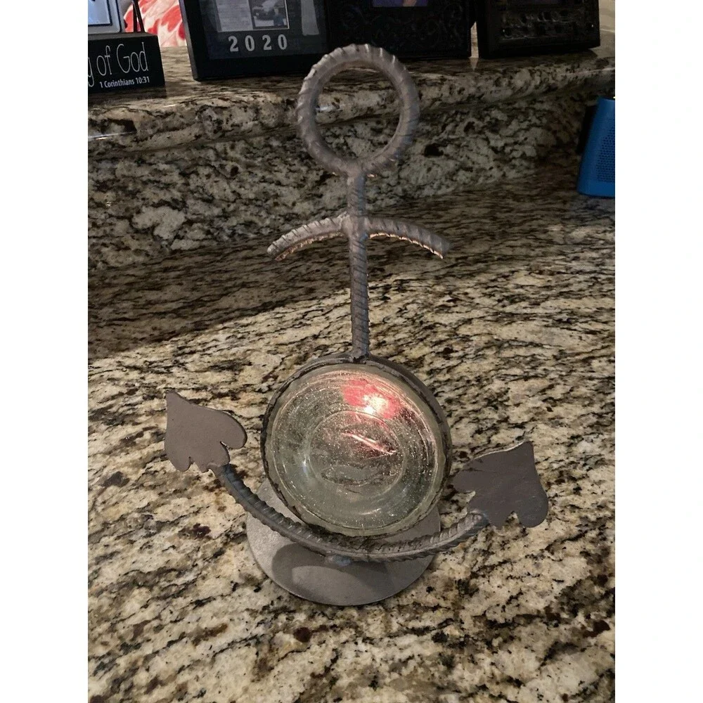 Nautical Candle Holder Beach Coastal Anchor Fish Seaside Rope Metal Cabincore
